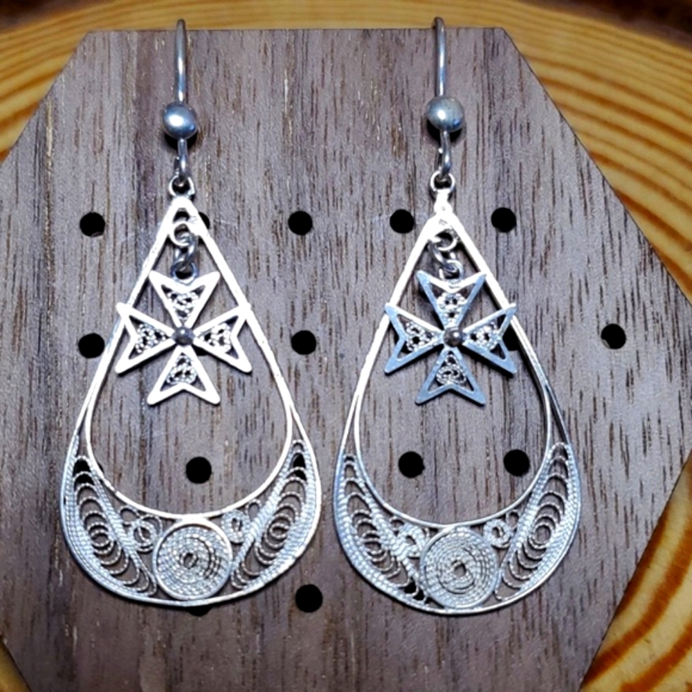 Vintage Filigree Maltese Cross Silver Dangle Earrings